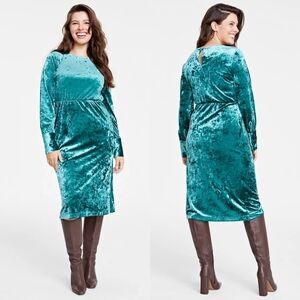 On 34th Green Crushed Velvet Midi Dress Women's 1X Retro Modest 70s Boho Chic‎